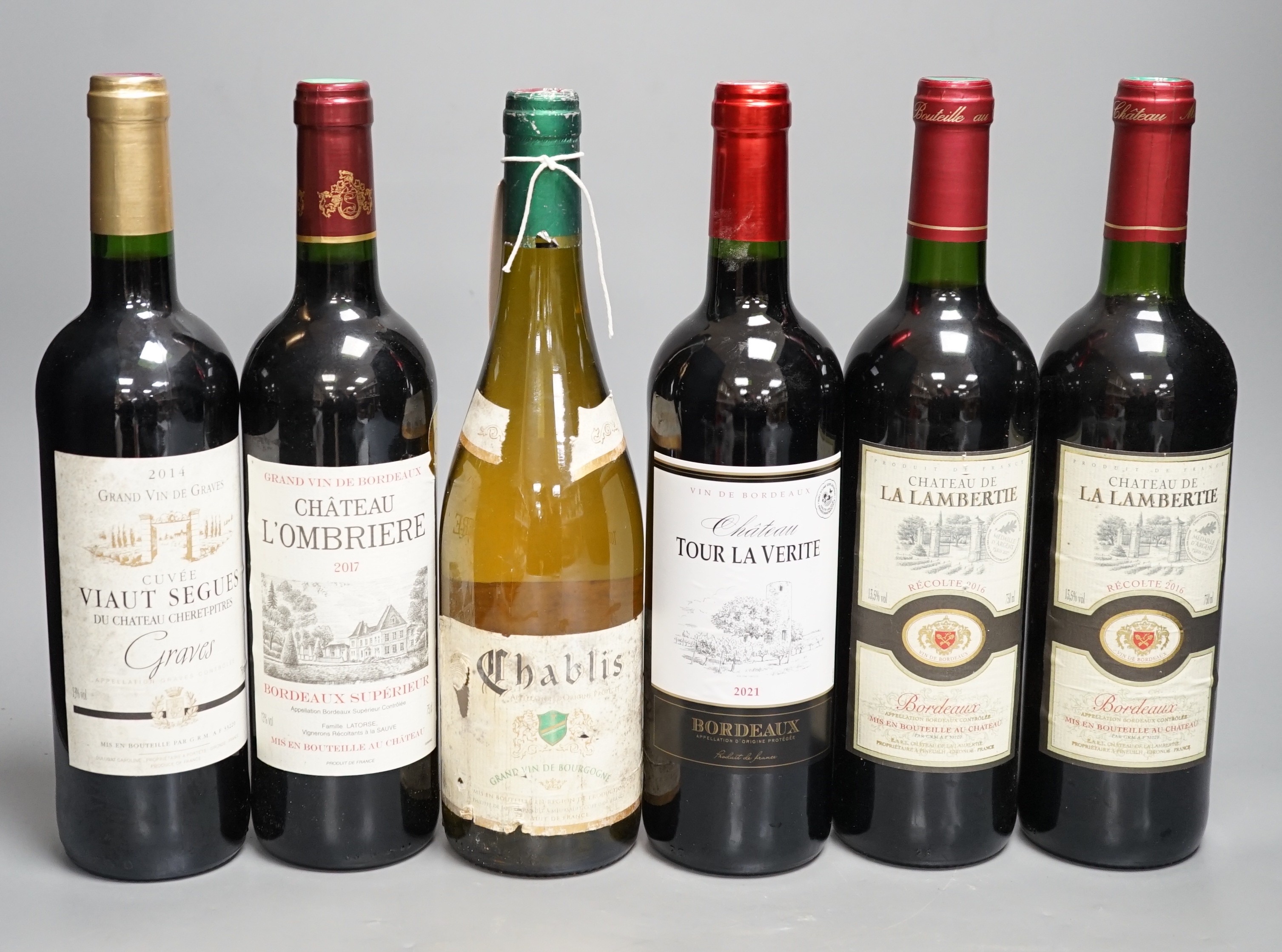 Five bottles of Bordeaux and one Chablis